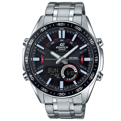 【CASIO】EDIFICE 十年電力全新設計不鏽鋼雙顯錶-黑X紅(EFV-C100D-1A)正版宏崑公司貨