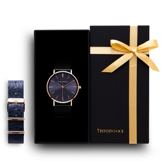 【THEODORA'S】限定禮盒Hera[大錶面]手錶+替換錶帶2入組-瘋馬皮錶帶-精品紋深藍【希奧朵拉】