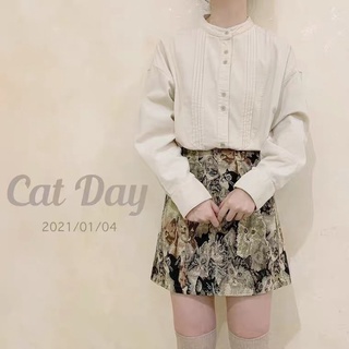 ♡Dreaming Cat♡ 復古少女可愛古著感提花油畫小貓咪高腰百搭拉鏈半身短裙