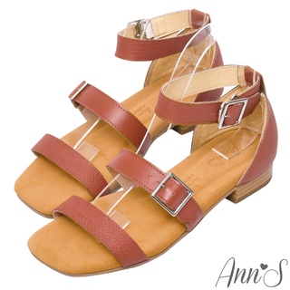 Ann’S水洗牛皮-可調整鬆緊三條帶木紋跟方頭涼拖鞋-棕