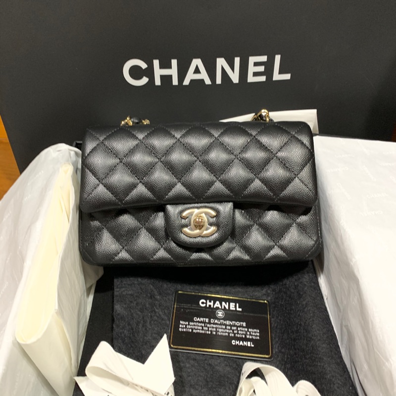 全新天菜 Chanel coco 20 荔枝牛皮 金鏈 保卡24經典款 格紋 黑色 mini 20