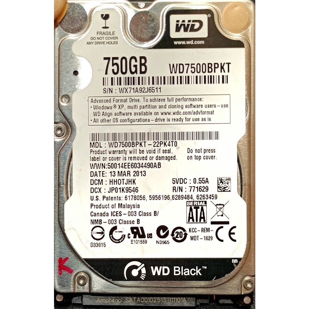 WD BLACK黑標威騰2.5吋筆記型電腦用硬碟750GB高速7200轉WD7500BPKT可改外接式硬碟2.5"