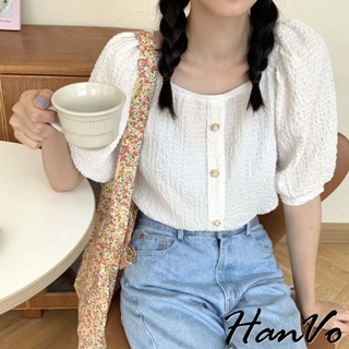 【HanVo】甜美方領皺摺泡泡袖上衣 可拉一字領 韓系百搭顯瘦修身 韓國女裝 女生衣著 1204