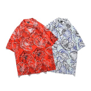 脆皮先生☞ 夏威夷襯衫 花瓣 扶桑花 植物 復古 日系 花襯衫 短袖襯衫 短袖 襯衫 古巴領 男 古著 紅色 橘色