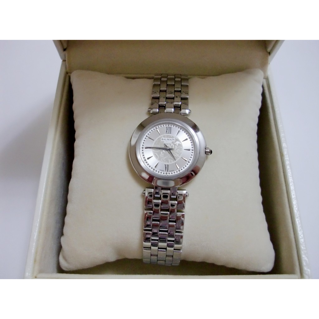 近全新 瑞士製 Pierre Balmain 皮爾帕門 銀色 超薄 雕花 面盤 鍊帶 手錶 古董錶
