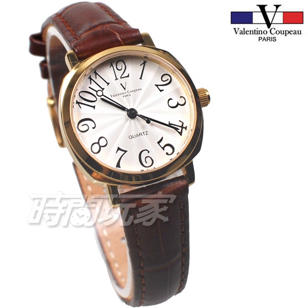 valentino coupeau范倫鐵諾 V61601GW咖小 方圓數字時尚錶 防水手錶 真皮 金色x咖啡 女錶