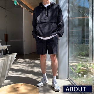 【ABOUT_歐巴】輕薄運動休閒款下抽繩上衣褲子套裝 韓 上衣 短褲 潮流 街頭 休閒套裝 春夏 男