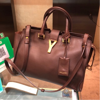 (已售出)(二手)YSL 巧克力色 金Y字扣 CABAS兩用包