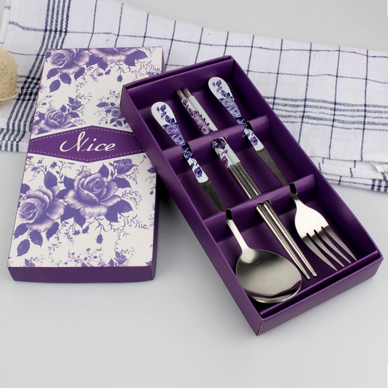 三重店現貨出清🚀青花瓷不銹鋼湯匙筷子叉子組 紫色組 出清