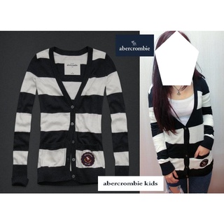 A&F abercrombie&fitch girl Quinn Sweater 徽章logo條紋針織外套-深藍x白