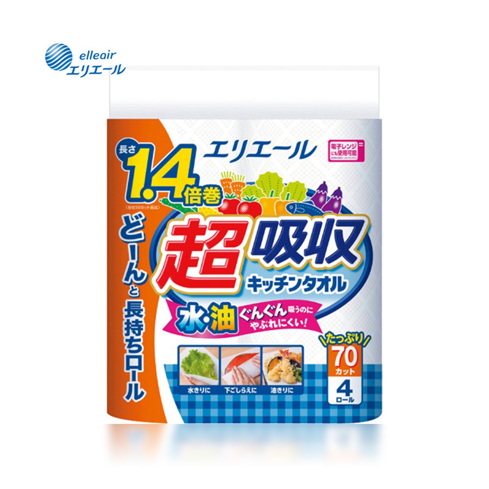 日本 大王製紙 elleair 超吸收 強韌捲筒 廚房紙巾 (70抽/4入)