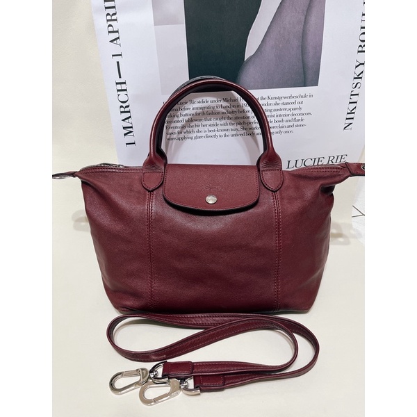 【二手】轉賣 LONGCHAMP Le Pliage Cuir 小羊皮短把折疊小型水餃包(中/酒紅)歡迎議價！