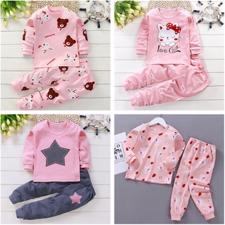 QINN 2PCS/Set 睡衣套裝兒童套裝純棉服裝套裝男嬰女孩可愛印花長袖襯衫上衣+褲子