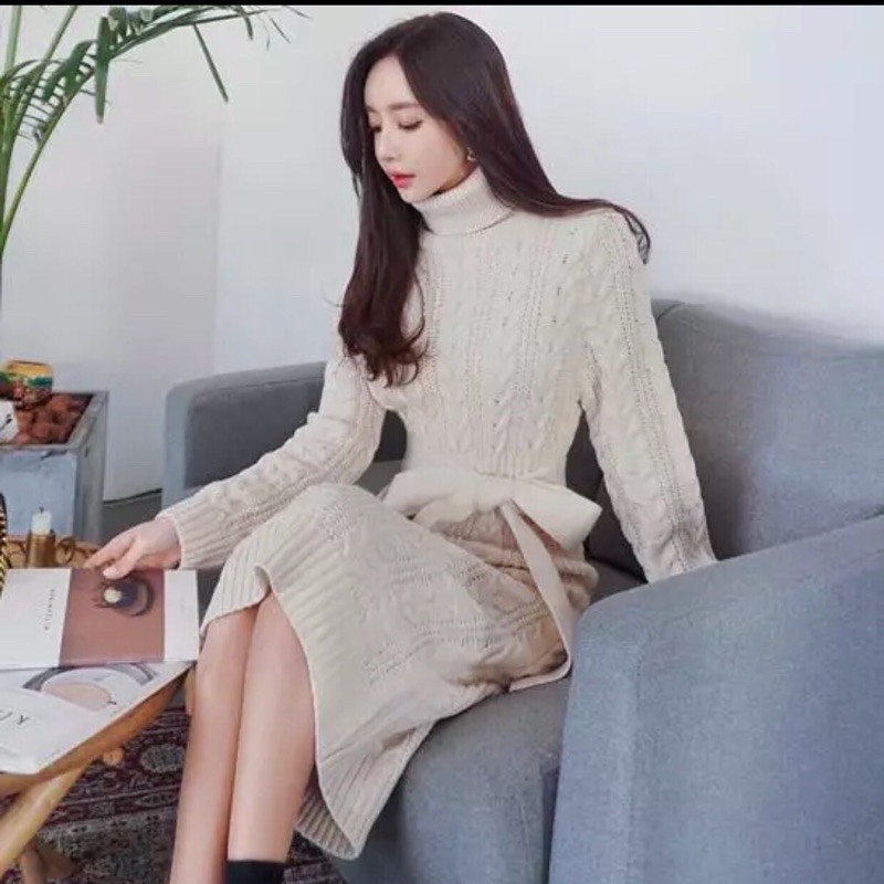 韓國🇰🇷Richbaby 高領綁帶麻花針織長洋裝