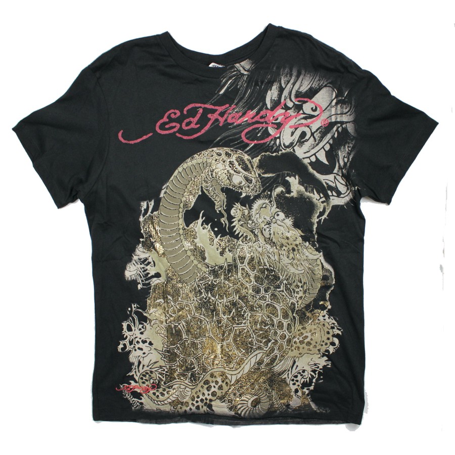 Ed Hardy 短袖 T 恤 雙面金箔 龍 蛇 刺青潮牌 黑色 L M 【 以靡賣場 imy88】