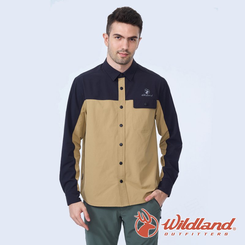 【wildland 荒野】男 彈性四季拼接長袖襯衫『小麥色』0B0120