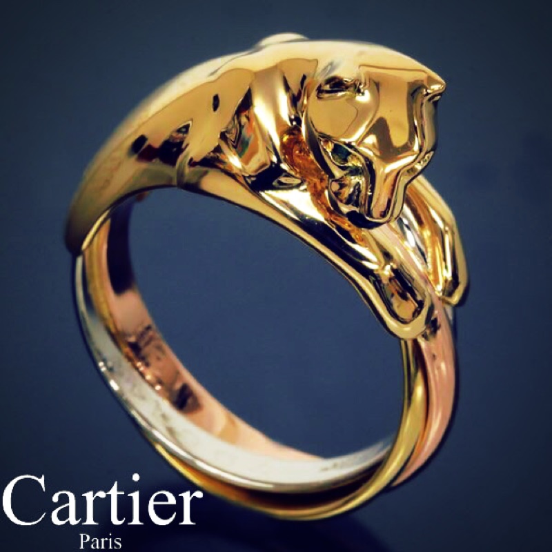 保證真品 Cartier 稀有經典款美洲豹列黑瑪瑙祖母綠+3色金戒指