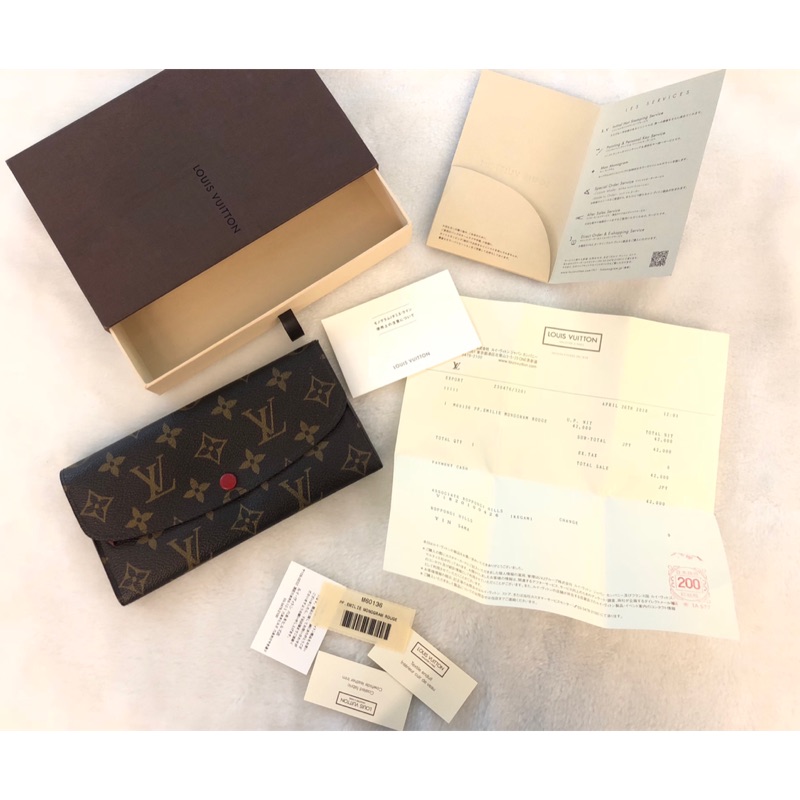 二手真品LV原花紅色M60136 EMILIE長夾