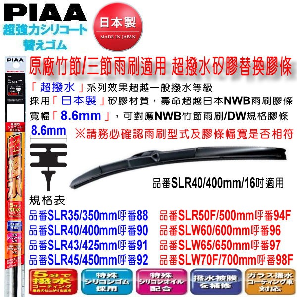和霆車部品中和館—日本PIAA 超撥水 原廠竹節/三節式雨刷撥水矽膠替換膠條 寬幅8.6mm SLR40 16吋