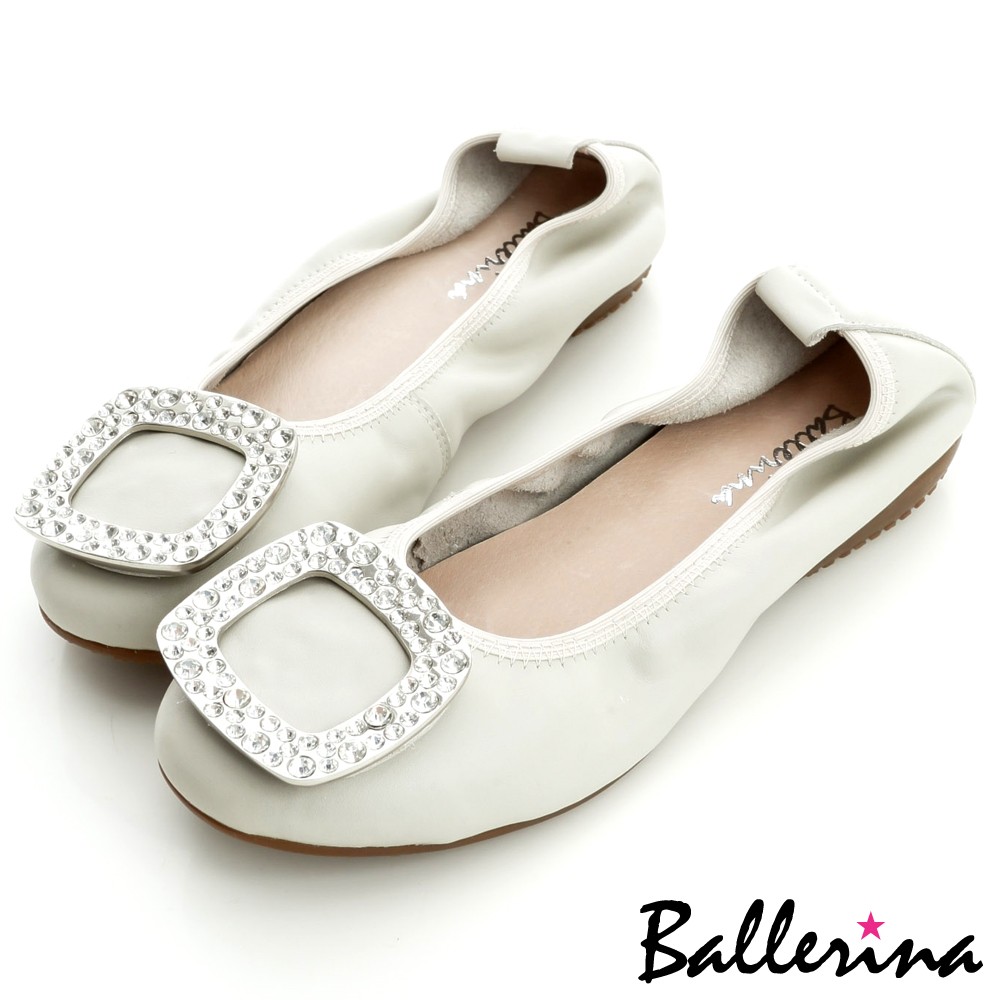 Ballerina-全真皮水鑽方釦娃娃鞋-灰【BD800244AY】