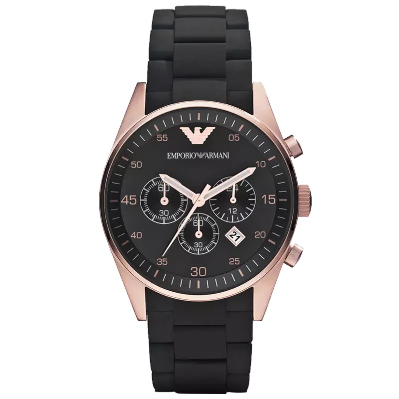 亞曼尼 Emporio Armani Tazio 計時碼表玫瑰金黑色錶盤矽膠情侶手錶 Jam Tangan AR5905