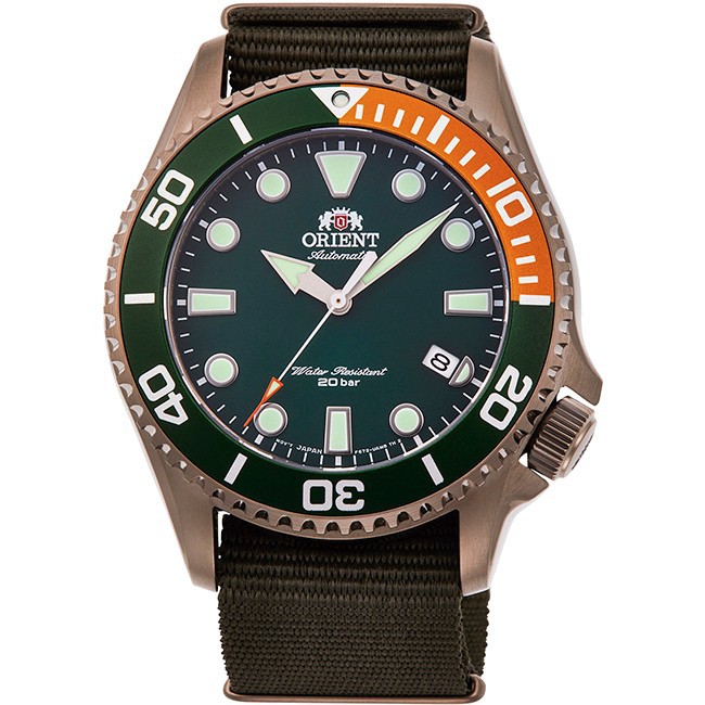 Orient 東方錶 RA-AC0K04E  WATER RESISTANT 日期潛水夜光尼龍帶錶/綠 43.4mm