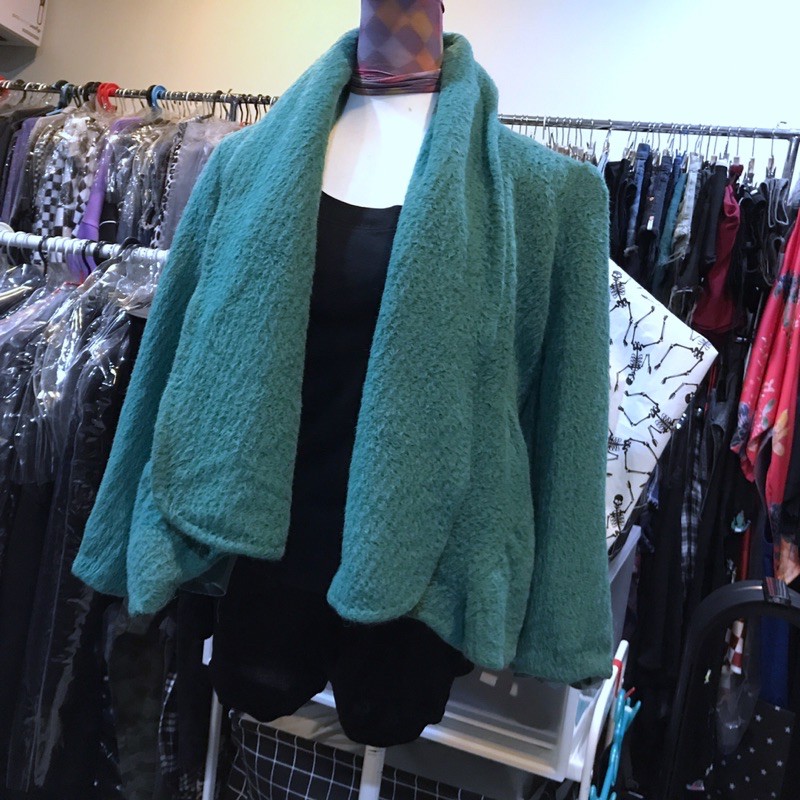 622二手全新瑕疵剪標商品（韓國版）羊駝毛湖水綠色毛料開襟外套 設計師西裝外套 寬鬆女裝 歐美訂單