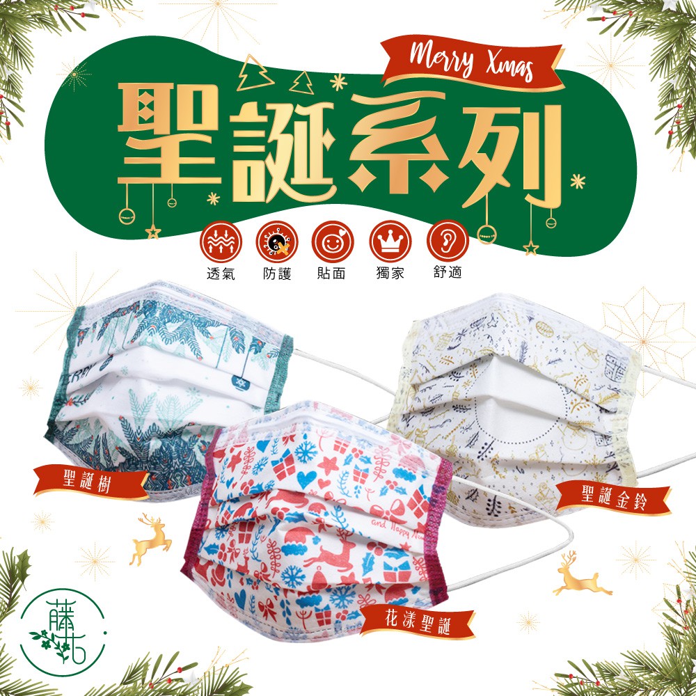 藤花科技🔔聖誕系列🔔10入水彩盒 台灣製 平面三層防護口罩(通過TTRI檢驗)