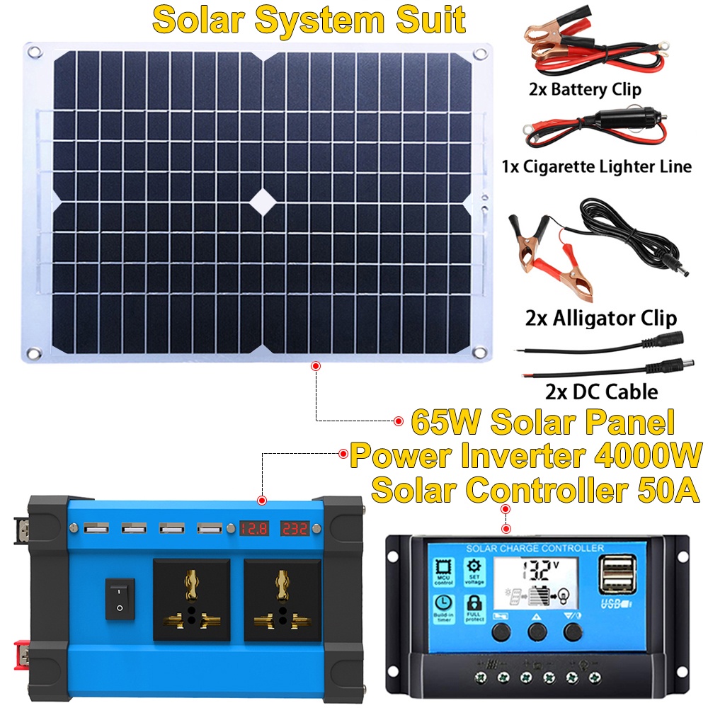 Haosong太陽能係統套裝太陽能電池板65w 18V+電源逆變器4000W/6000W 12V轉220V+50A太陽能