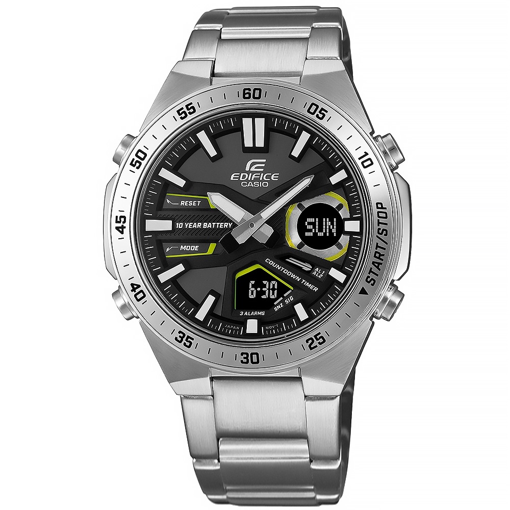 EDIFICE CASIO / 卡西歐 十年電力 雙顯 不鏽鋼手錶 黑黃色 / EFV-C110D-1A3 / 47mm