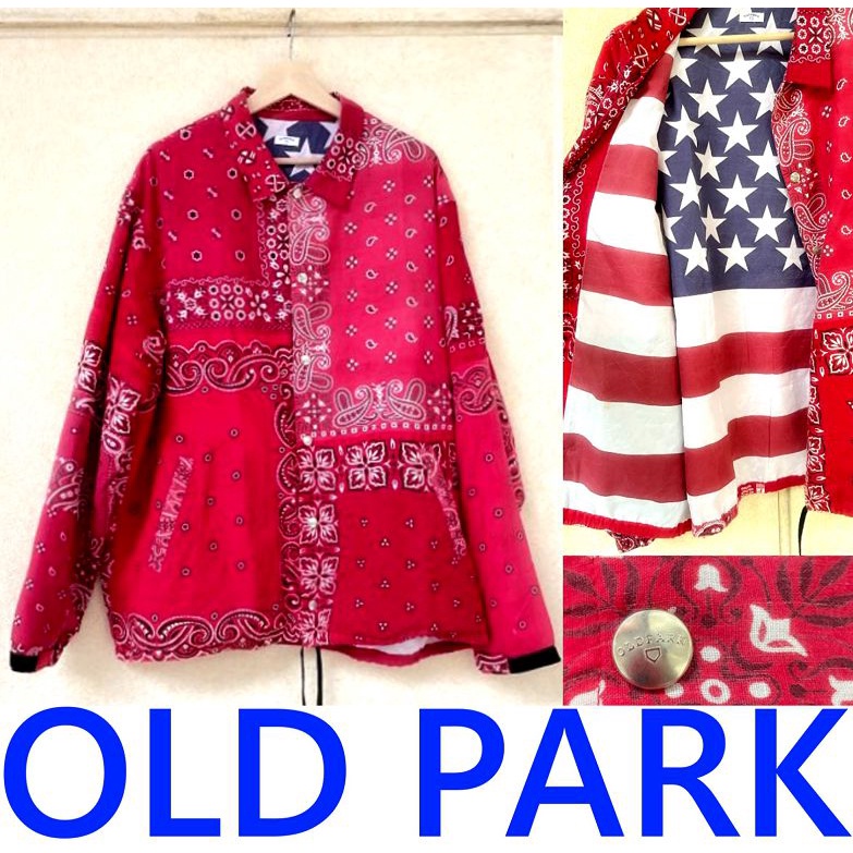 BLACK近全新OLDPARK.JAPAN古著重製REMARK變形蟲花紋拼接教練風衣外套夾克