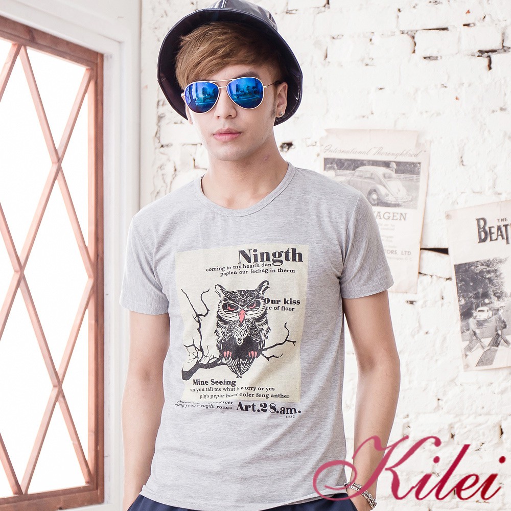 【Kilei】貓頭鷹圖畫棉質T恤XA1442-02(簡約灰)賠售特價