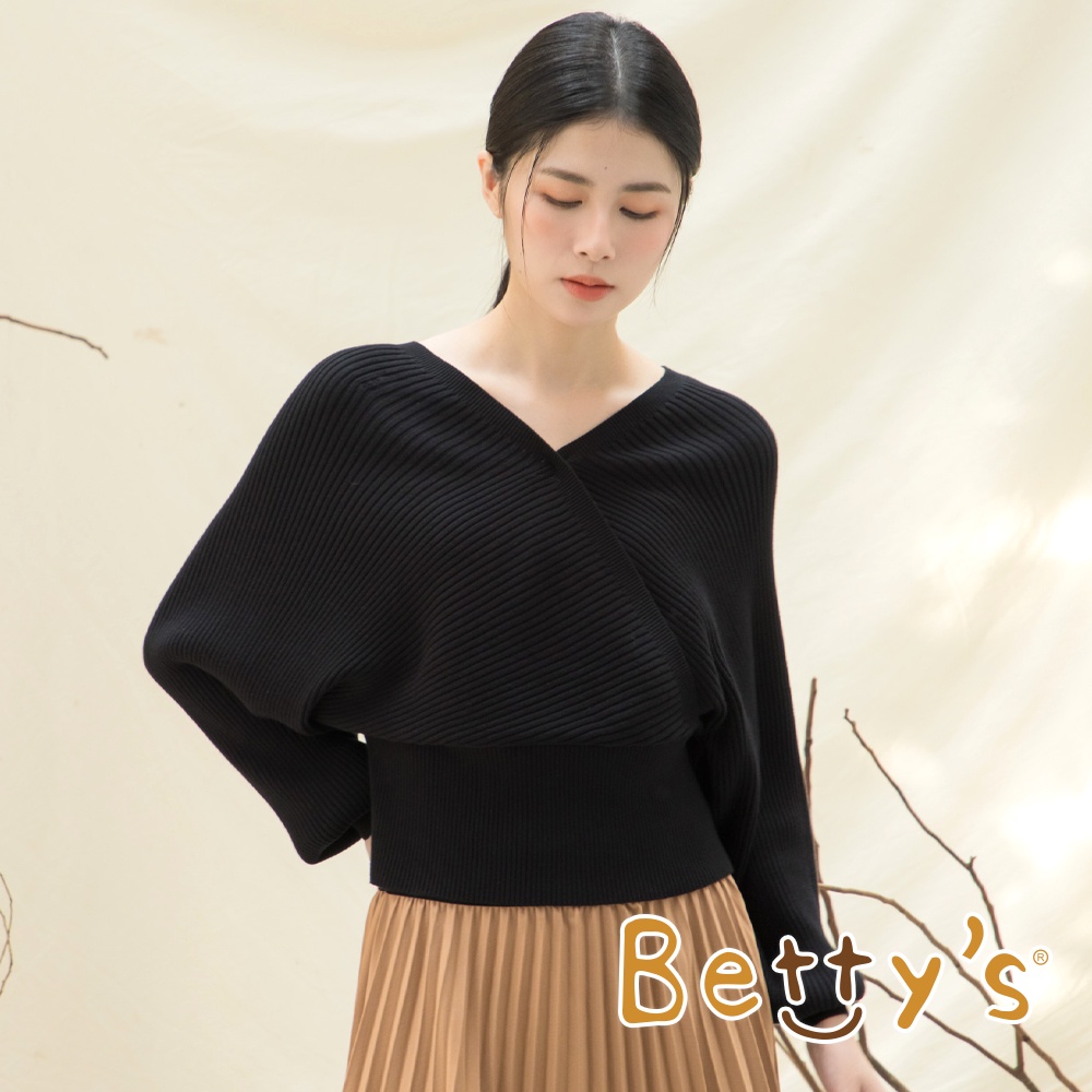 betty’s貝蒂思(15)交叉版型羅紋針織毛衣(黑色)