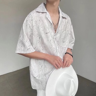 短袖襯衫 復古滿版襯衫 男寬鬆五分袖上衣 半袖襯衣 口袋襯衫 休閒襯衫 夏季短袖襯衫 慵懶風短袖襯衣（JCC624）