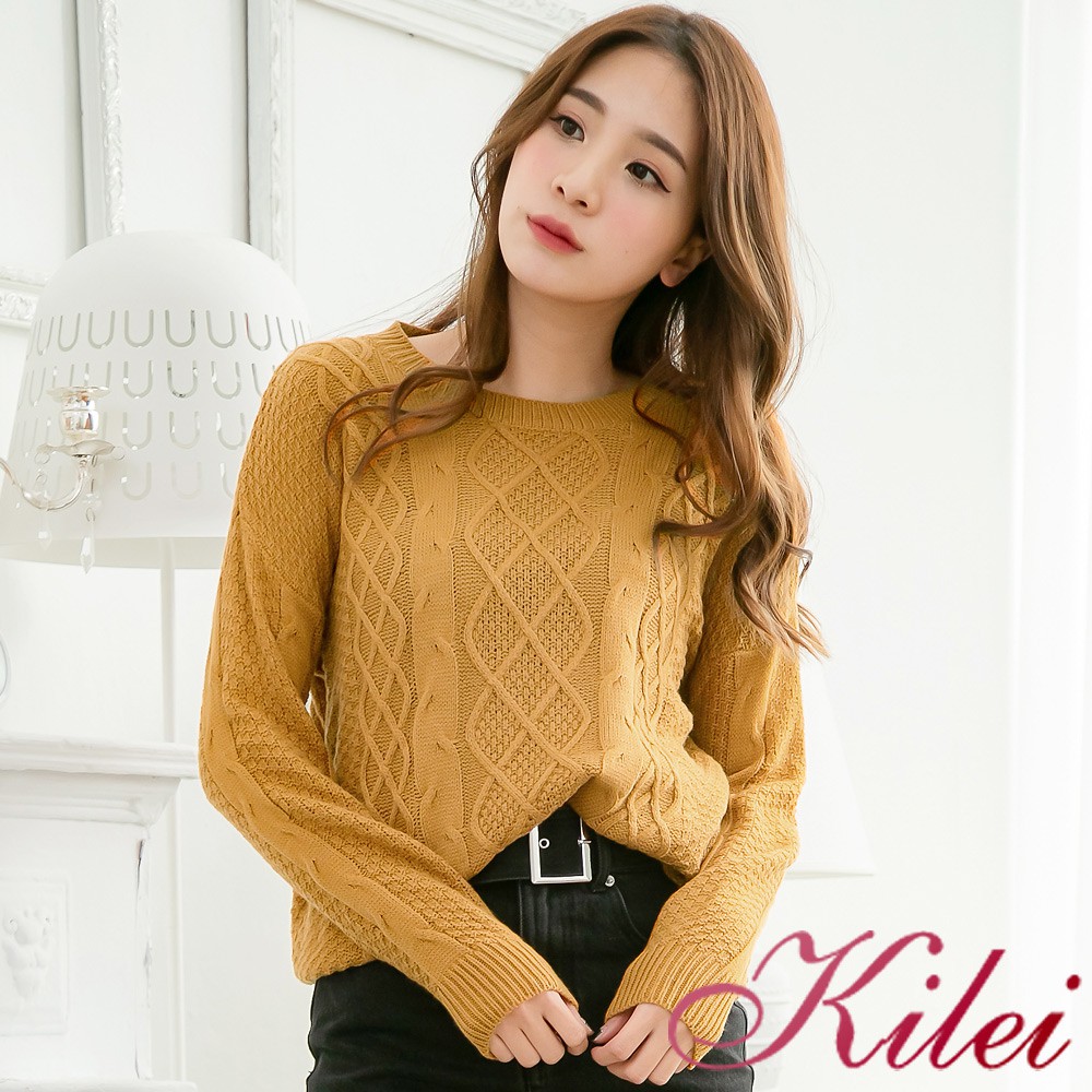 【Kilei】素色織花紋針織毛線圓領上衣XA3981-01(卡其黃)全尺碼