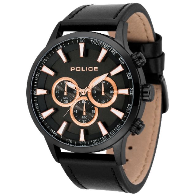POLICE 迴路脈衝時尚計時腕錶-15000JSB-02/43mm 三眼 玫瑰金 黑