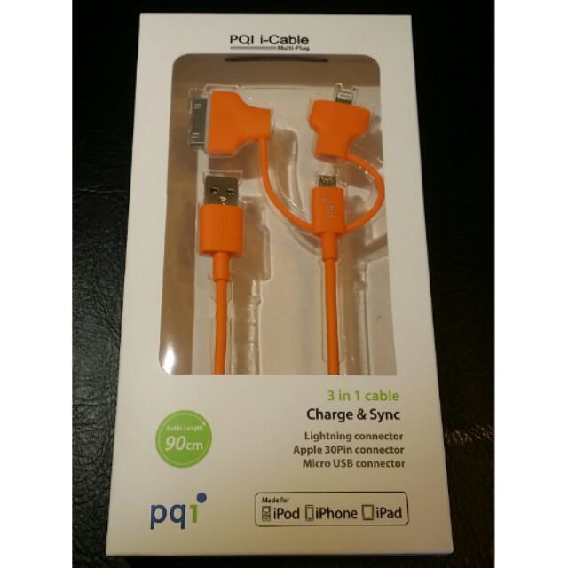 PQI i-Cable 3合1充電傳輸線 MFI認證, 8pin Lightning, 30pin, Micro USB