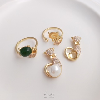 ALGD22-14K包金保色微鑲鋯石貓咪戒託可愛小貓吊墜水晶珍珠託diy戒指項鏈