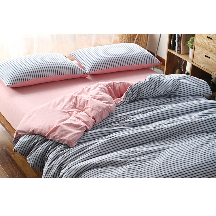 #S.S 日本品牌良品 粉藍條紋 棉天竺 精梳棉純棉材質雙人床包單人床包組 棉被床罩寢具 ikea 無印