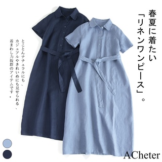 【ACheter】 日系棉麻翻領寬鬆A型系帶襯衫洋裝# 112425