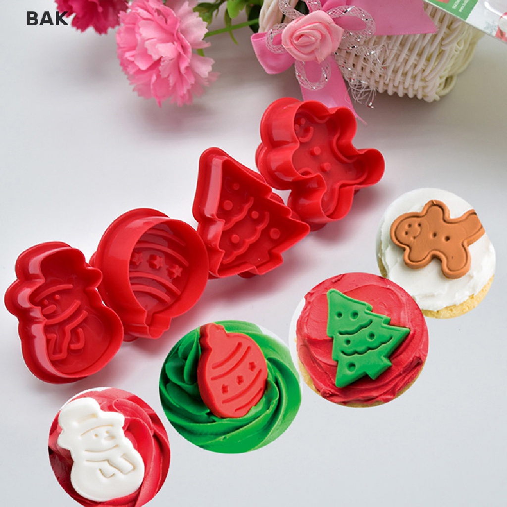 Bak 4pcs/set 聖誕曲奇餅乾模具 3d 曲奇柱塞切割器 diy 烘焙模具