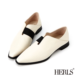[HERLS NG鞋]全真皮時髦異材質橫帶拼接樂福鞋 米白37號 原價$3480