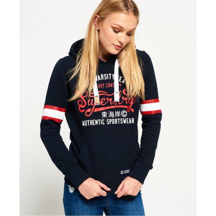 全新正品 極度乾燥 Superdry 經典LOGO款 內刷毛連帽長T 現貨深藍色XS、S 低於5折!