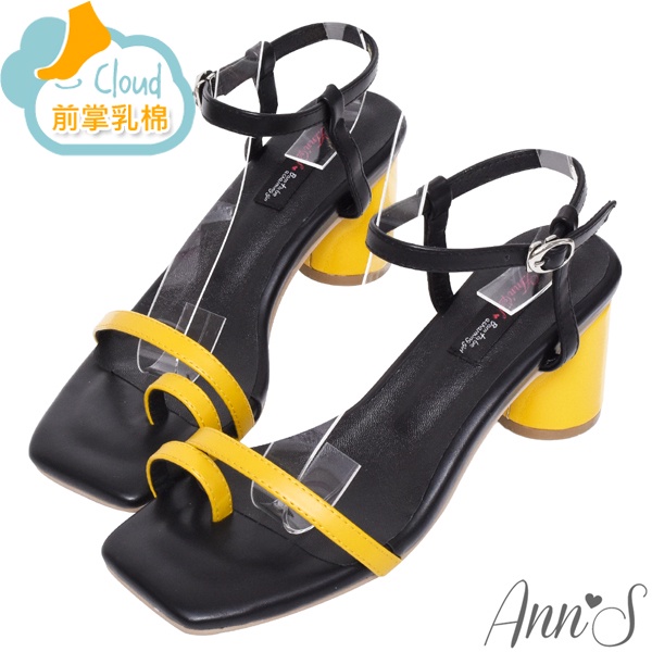 Ann’S微時髦-撞色套指方頭粗跟涼鞋6cm-黃黑