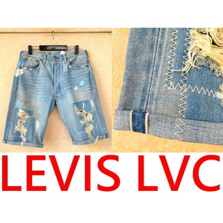 BLACK美中古LEVIS LVC 66501糜爛破壞縫補加工501XX淺色水洗單寧短褲牛王