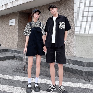 【COUPLE】情侶裝新款💕💕連衣裙假兩件套裝港風短袖格子襯衫潮