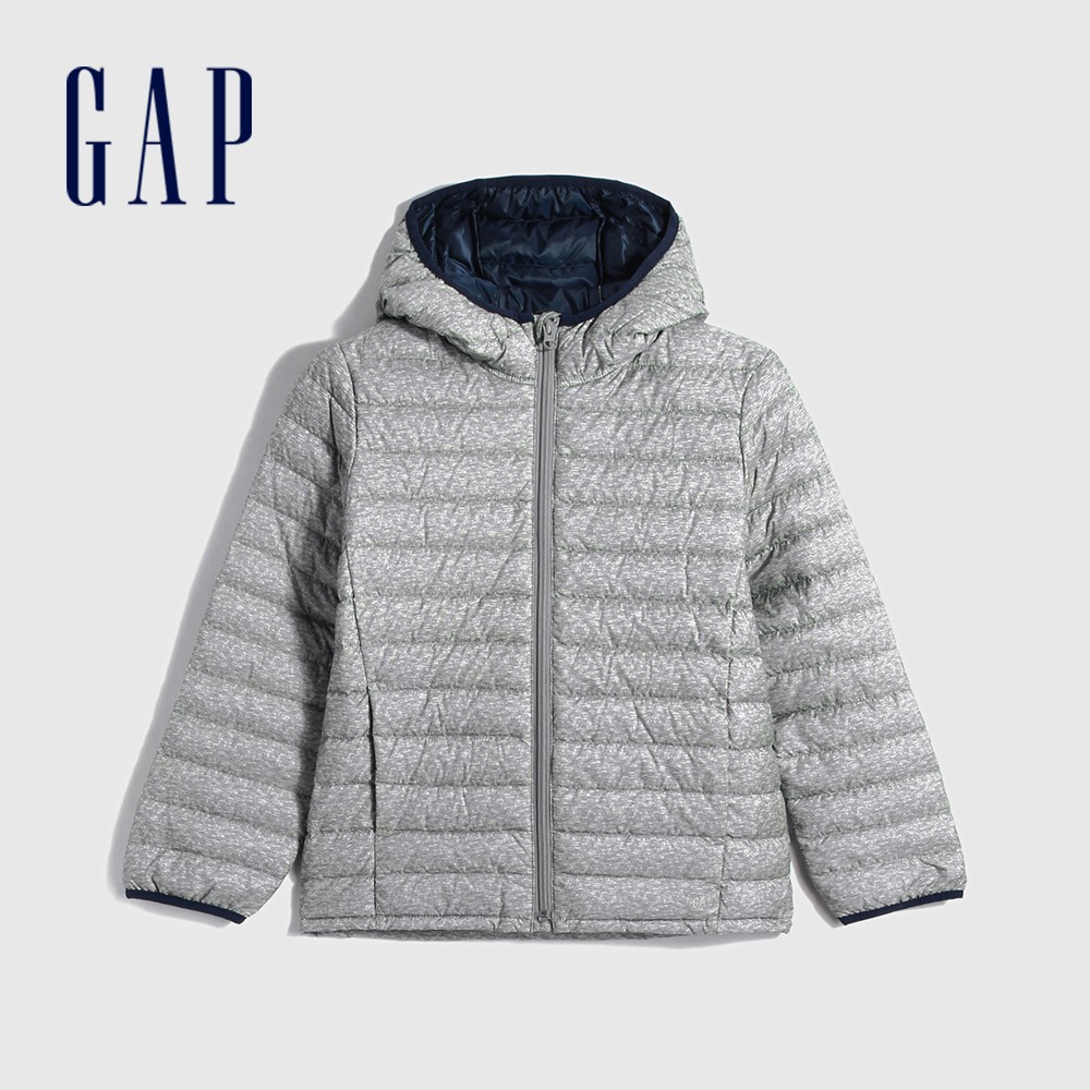 Gap 男童裝 簡約亮色連帽羽絨外套-灰色(592745)
