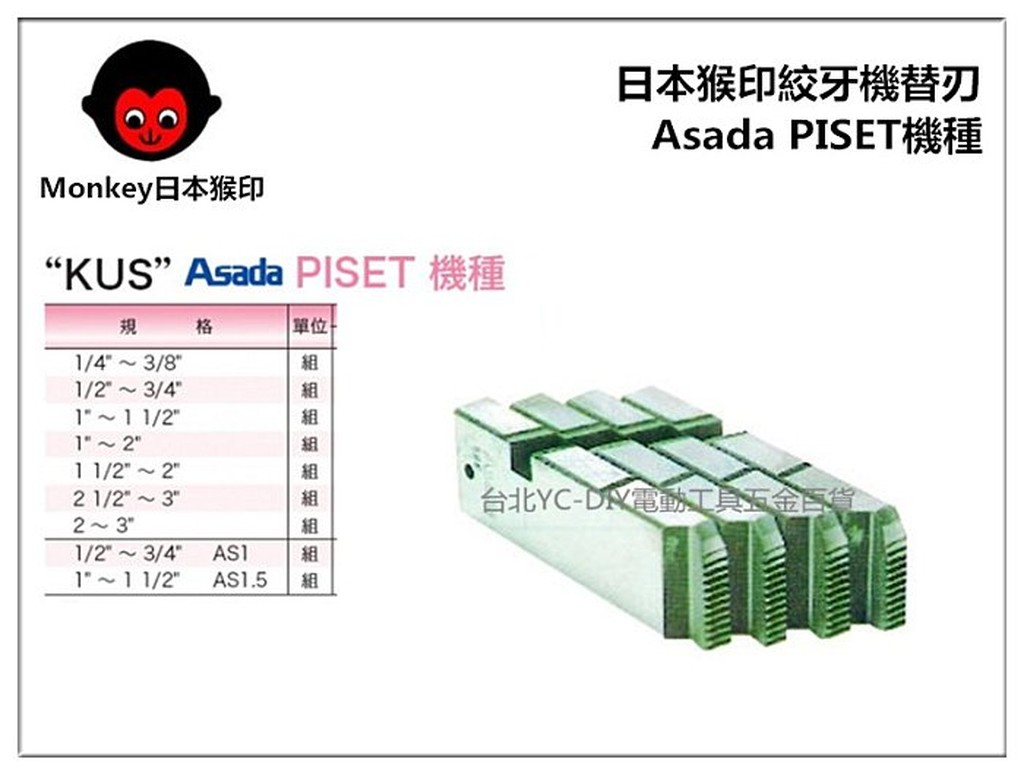 【台北益昌】MONKEY 日本猴印 Asada PISET 機種 (白鐵管用) 電動絞牙機用牙板 替刃