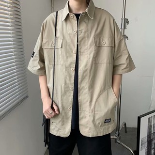 M-3XL 日系工裝短袖襯衫 男生港風潮牌 寬鬆外套韓版潮流ins半袖襯衣 工裝雙口袋大尺碼襯衫外套 DDC27 宅男屋
