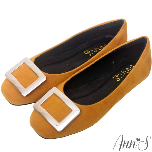 Ann’S法式氛柔-銀色方扣柔軟後跟方頭平底鞋-黃